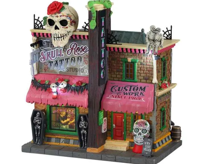 15751 - The Skull And Rose Tattoo Studio, Battery-Operated (4.5-Volt) - Lemax Spooky Town Halloween Village Houses & Buildings